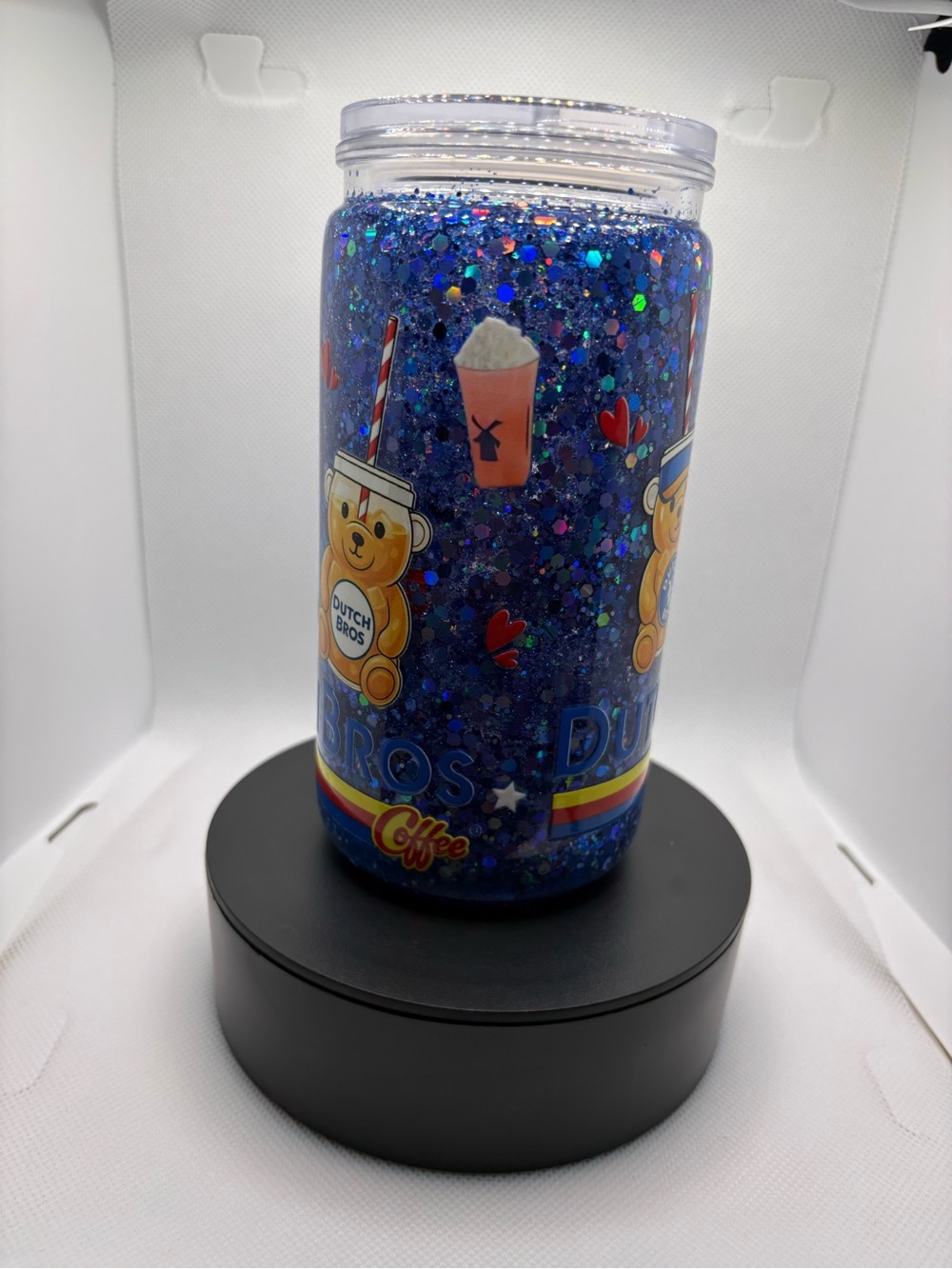 Dutch Bros Blue Glitter Coffee Tumbler with Bear Design